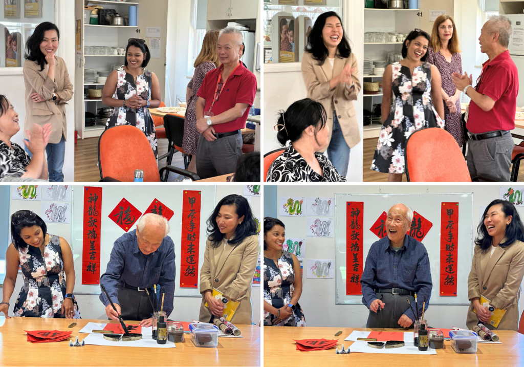A collage of photos showing Spectrum Board members engaging with clients at the Chinese Social Support Group.