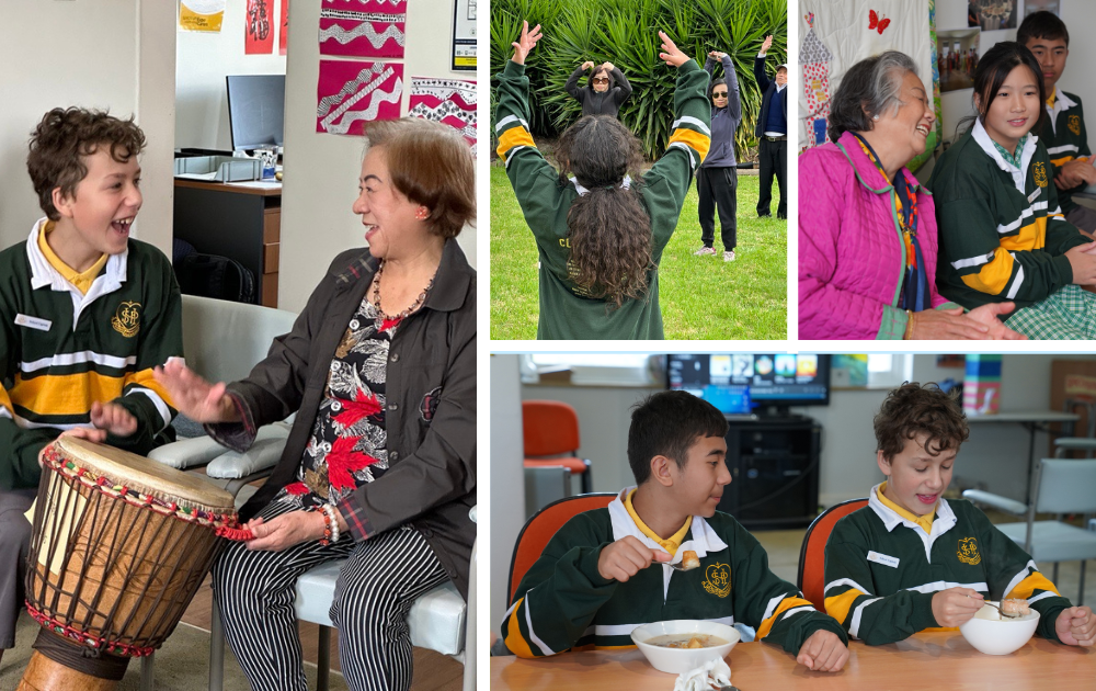 Collage of photos showing students interacting with seniors at our Intergenerational Project.