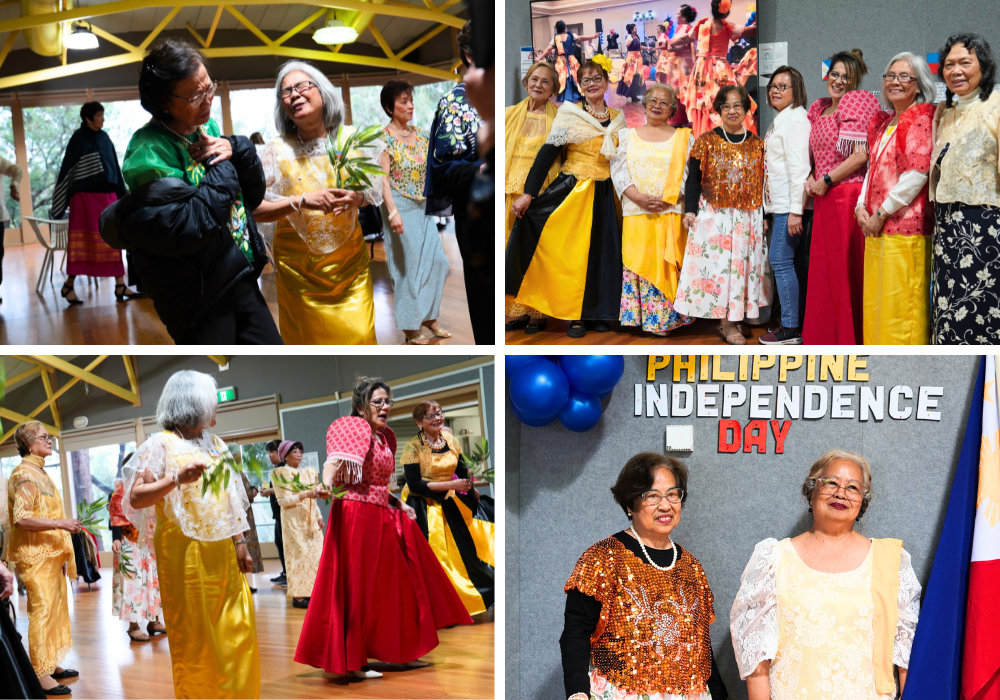 A collage of four photos: Filipino seniors celebrating Philippines Independence Day