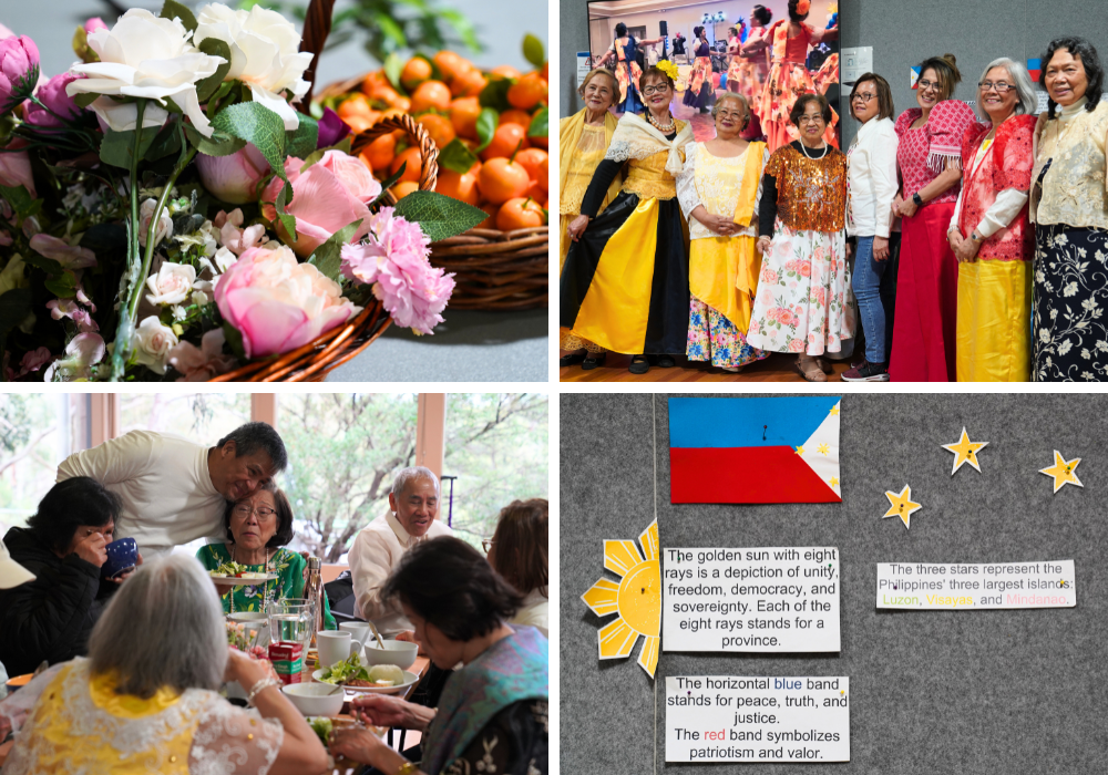 Collage of four photos: a basket of flowers and a basket of cumquats; four Filipino women standing in national costume; a display depicting the symbolism of the Filipino flag; and Filipino seniors sitting at lunch